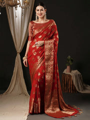 Women's Georgette Red Woven Design Designer Saree With Blouse Piece-ARIES06D