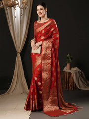 Women's Georgette Red Woven Design Designer Saree With Blouse Piece-ARIES06D
