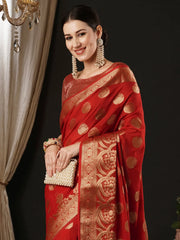 Women's Georgette Red Woven Design Designer Saree With Blouse Piece-ARIES06D