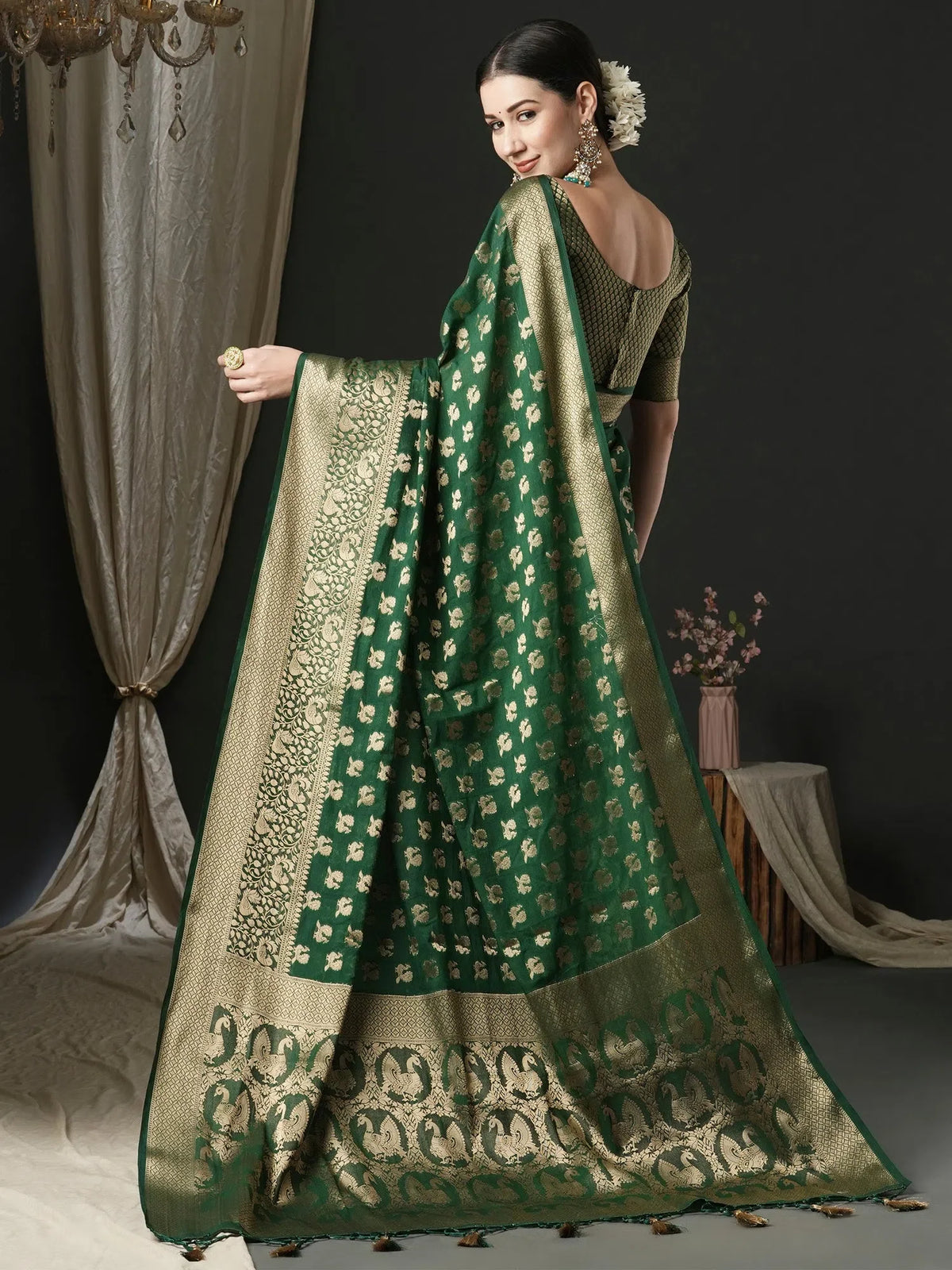 Women's Georgette Green Woven Design Designer Saree With Blouse Piece-ARIES07D