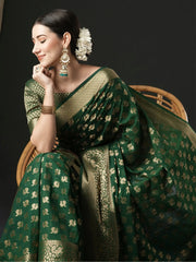 Women's Georgette Green Woven Design Designer Saree With Blouse Piece-ARIES07D