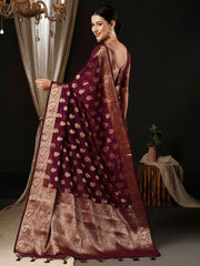Women's Georgette Burgundy Woven Design Designer Saree With Blouse Piece-ARIES09A
