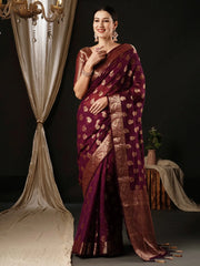 Women's Georgette Burgundy Woven Design Designer Saree With Blouse Piece-ARIES09A