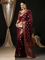 Women's Georgette Burgundy Woven Design Designer Saree With Blouse Piece-ARIES09A