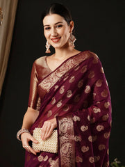 Women's Georgette Burgundy Woven Design Designer Saree With Blouse Piece-ARIES09A