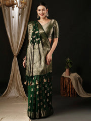 Women's Georgette Green Woven Design Designer Saree With Blouse Piece-ARIES09B