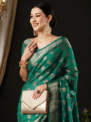 Women's Georgette Turquoise Woven Design Designer Saree With Blouse Piece-ARIES10B
