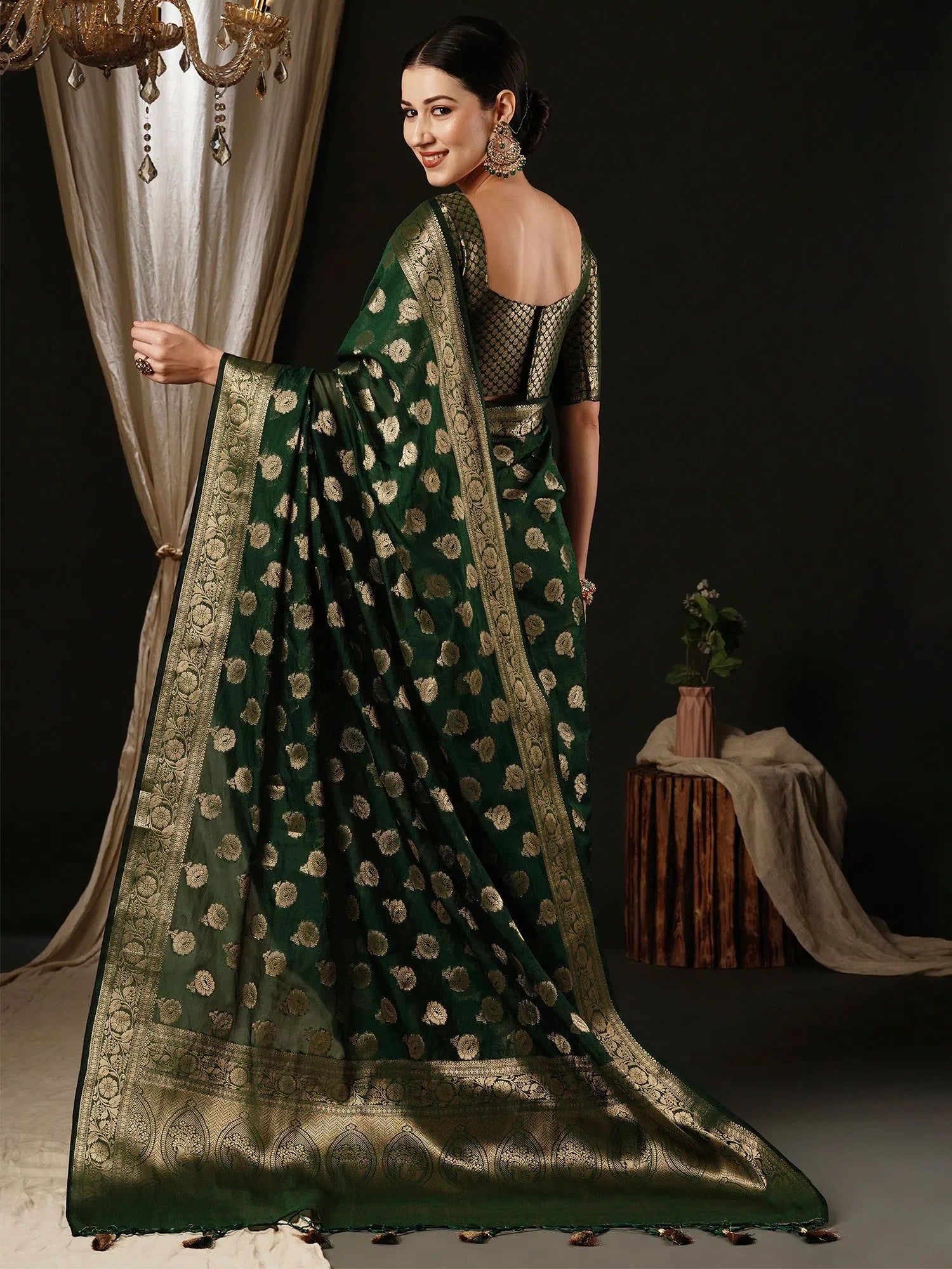 Dark Green Designer Saree with Blouse - Indian Sarees