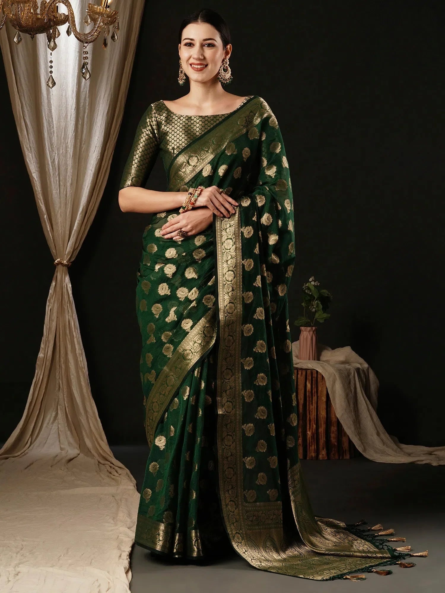Dark Green Designer Saree with Blouse - Indian Sarees