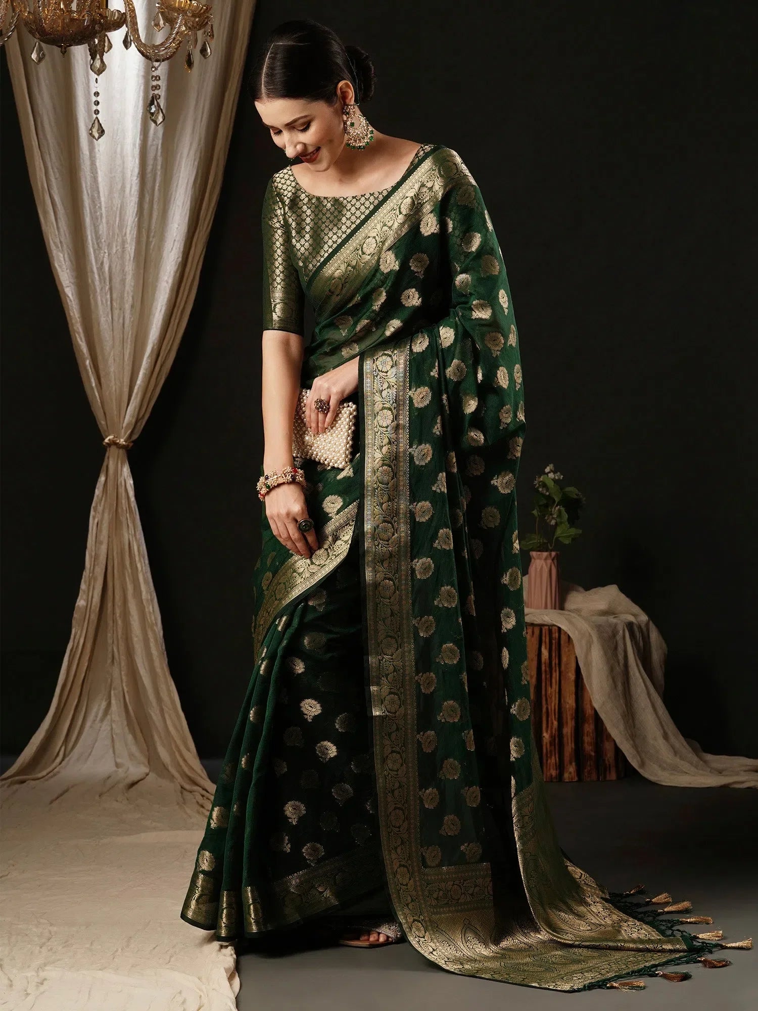 Dark Green Designer Saree with Blouse - Indian Sarees