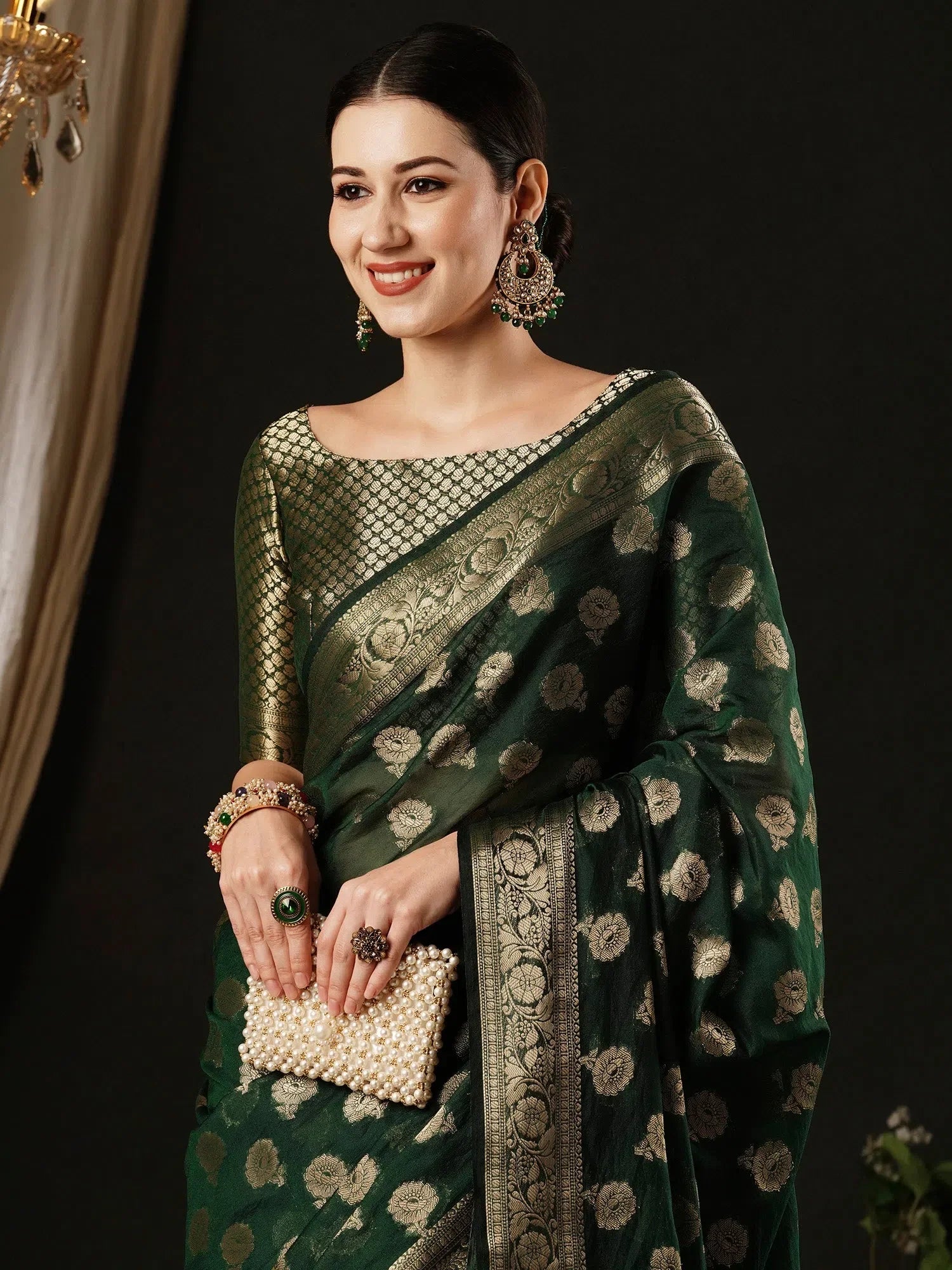 Dark Green Designer Saree with Blouse - Indian Sarees