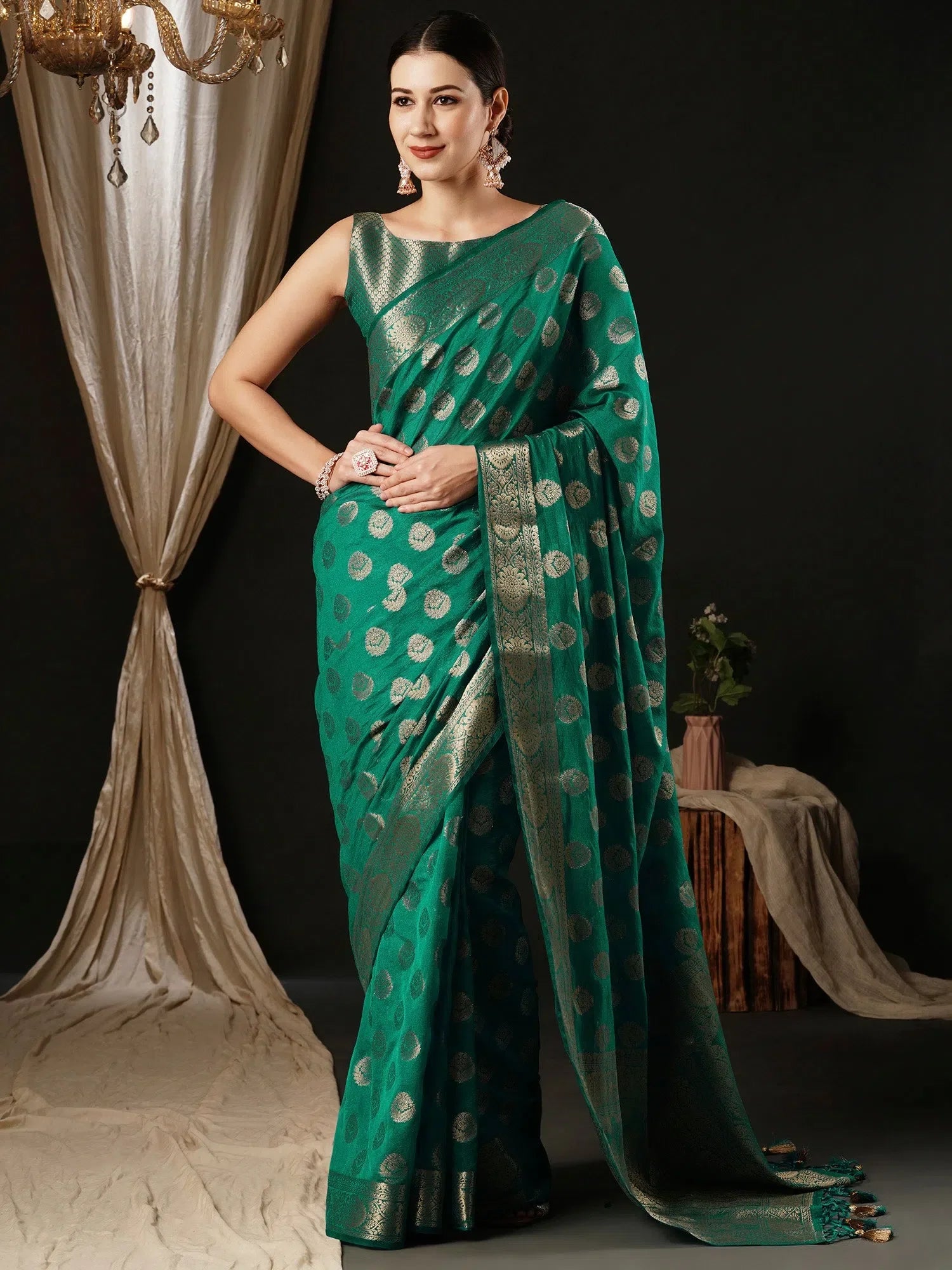 Turquoise Designer Saree: Indian Sarees with Blouse Piece