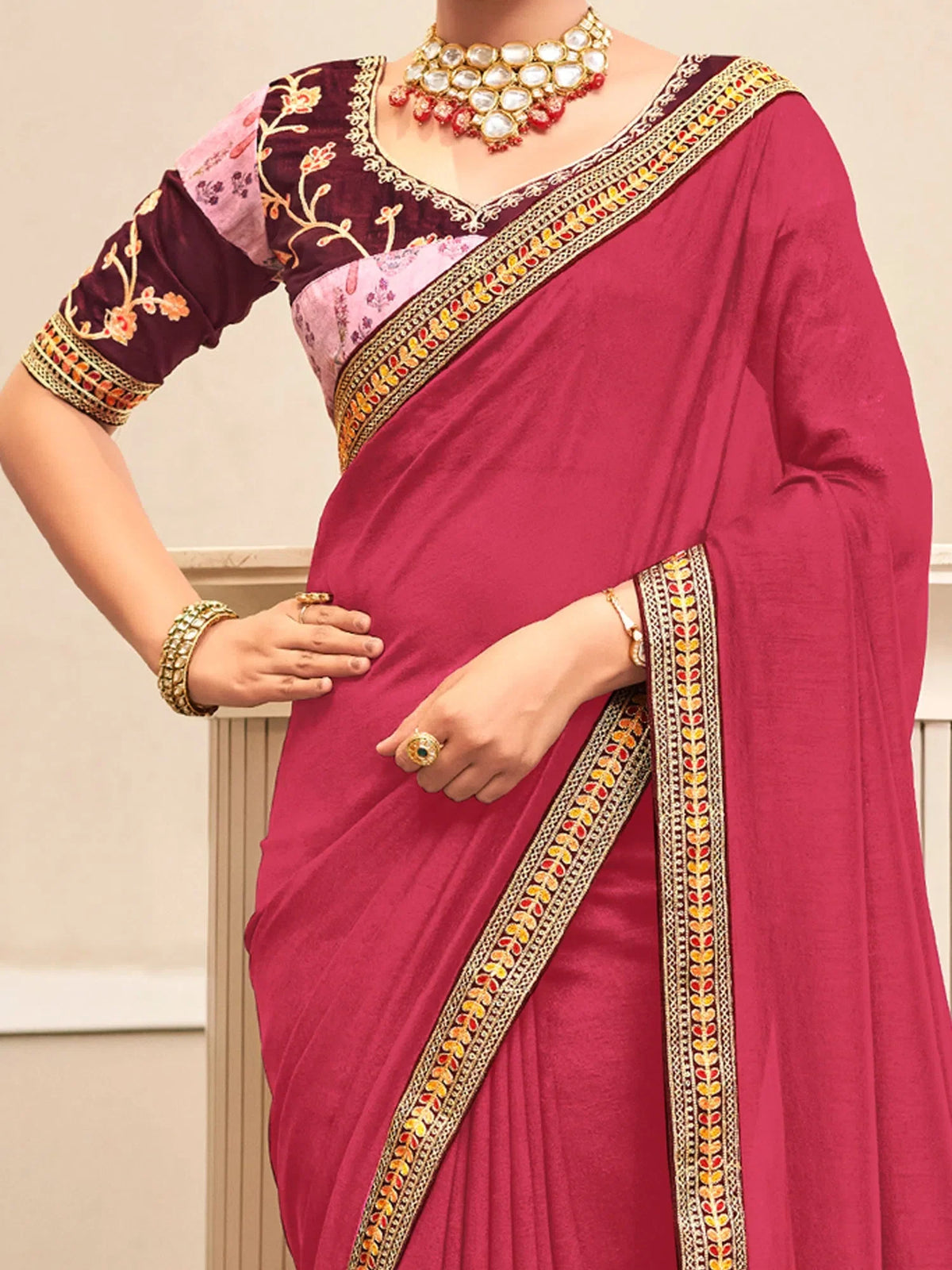 Women's Vichitra  Pink Embellished Designer Saree With Blouse Piece-ARUSHI81914