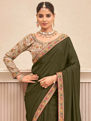 Women's Vichitra Olive Embellished Designer Saree With Blouse Piece-ARUSHI81918