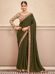 Women's Vichitra Olive Embellished Designer Saree With Blouse Piece-ARUSHI81918