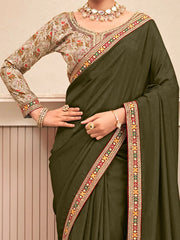 Women's Vichitra Olive Embellished Designer Saree With Blouse Piece-ARUSHI81918