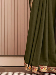 Women's Vichitra Olive Embellished Designer Saree With Blouse Piece-ARUSHI81918