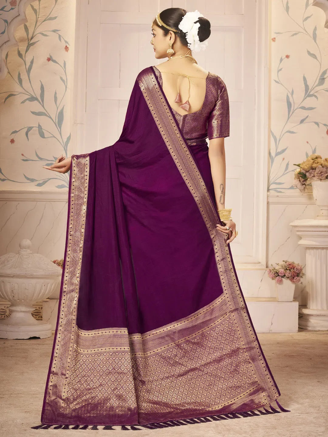 Women's Nylon Purple Woven Design Designer Saree With Blouse Piece-ARYA2105
