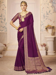 Women's Nylon Purple Woven Design Designer Saree With Blouse Piece-ARYA2105