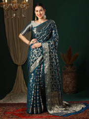 Women's Georgette Teal Blue Woven Design Designer Saree With Blouse Piece-ARYA2805