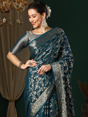 Women's Georgette Teal Blue Woven Design Designer Saree With Blouse Piece-ARYA2805
