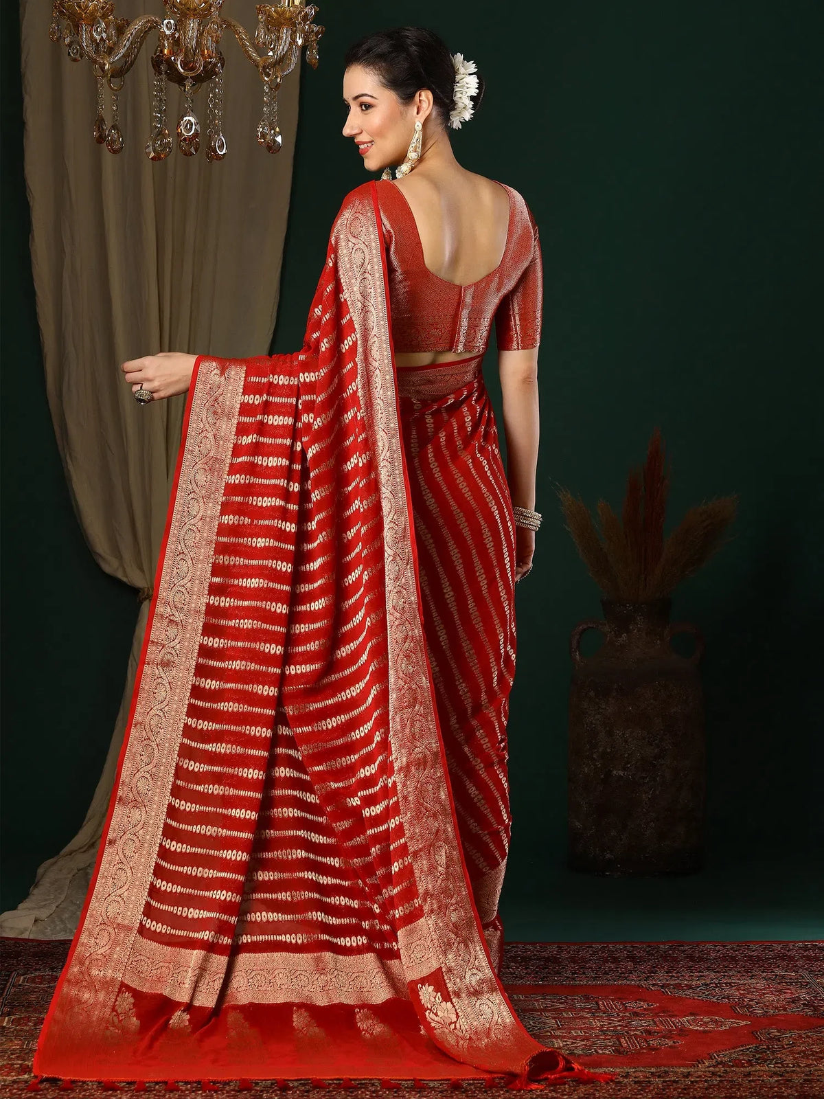Women's Georgette Red Woven Design Designer Saree With Blouse Piece-ARYA2903