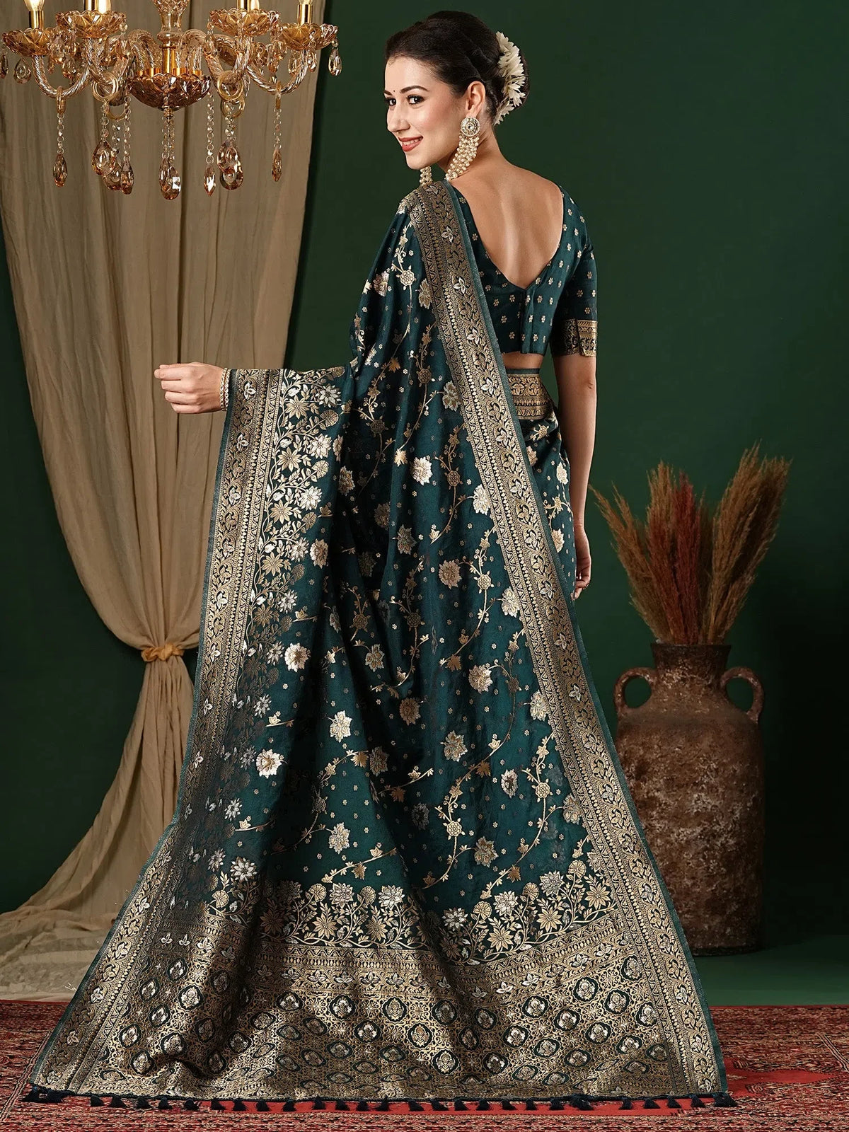 Women's Georgette Teal Blue Woven Design Designer Saree With Blouse Piece-ARYA3601