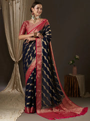 Women's Georgette Navy Blue Woven Design Designer Saree With Blouse Piece-ARYA4002