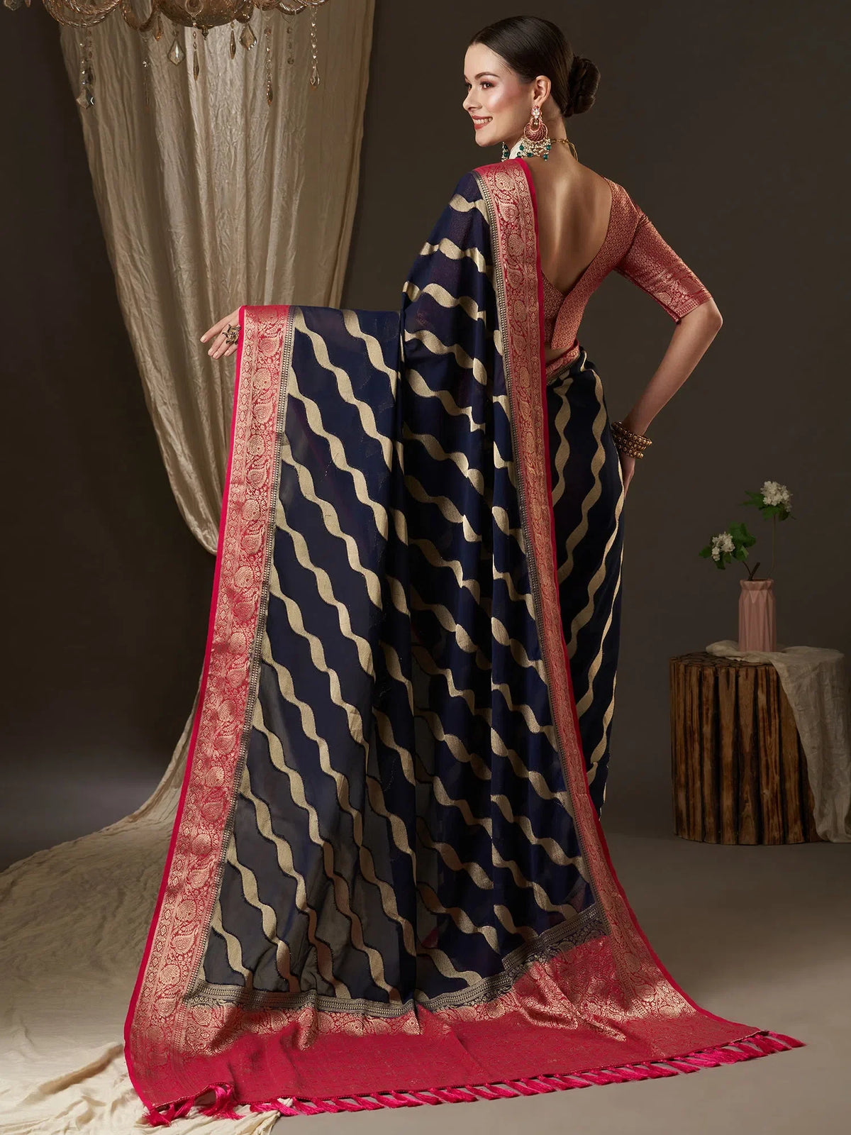 Women's Georgette Navy Blue Woven Design Designer Saree With Blouse Piece-ARYA4002