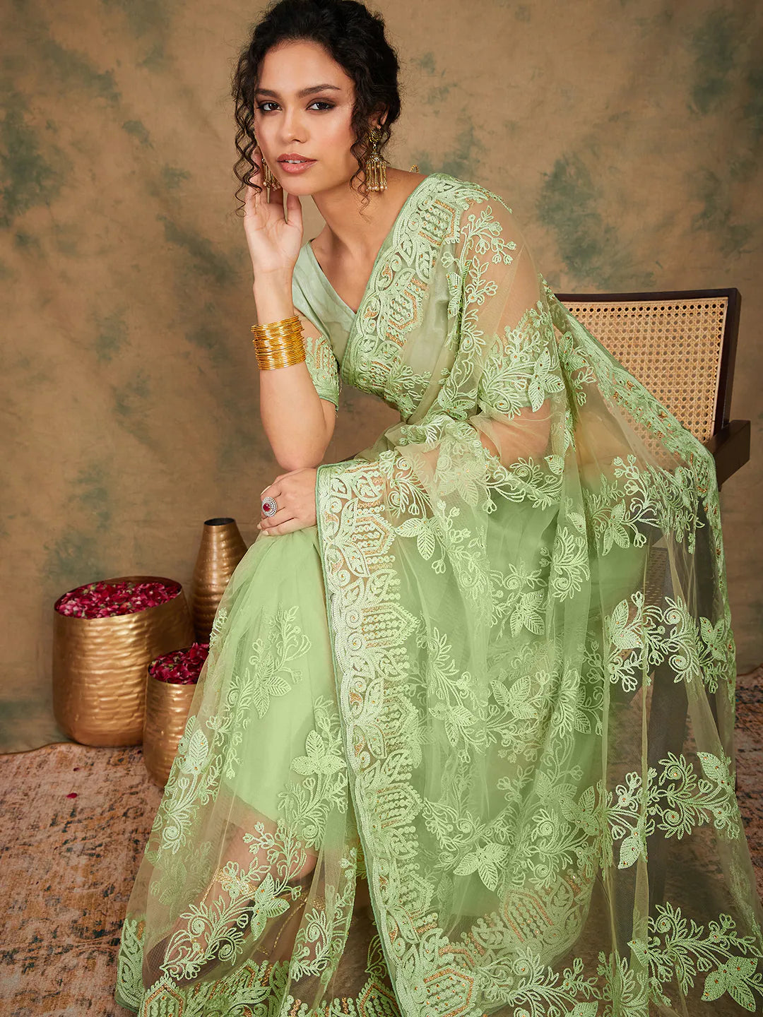 Womens Fashion Ethnic Pista Green Color Sarees-MLSHWSA1119PSG0ONE