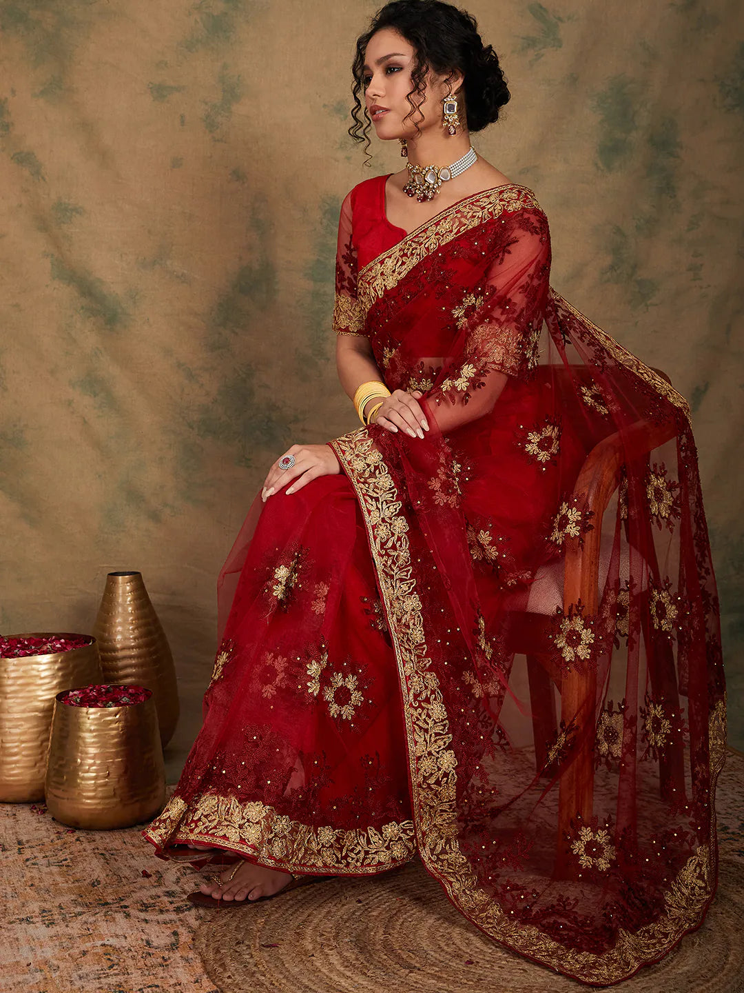 Maroon Embroidered Saree - Indian Sari Style