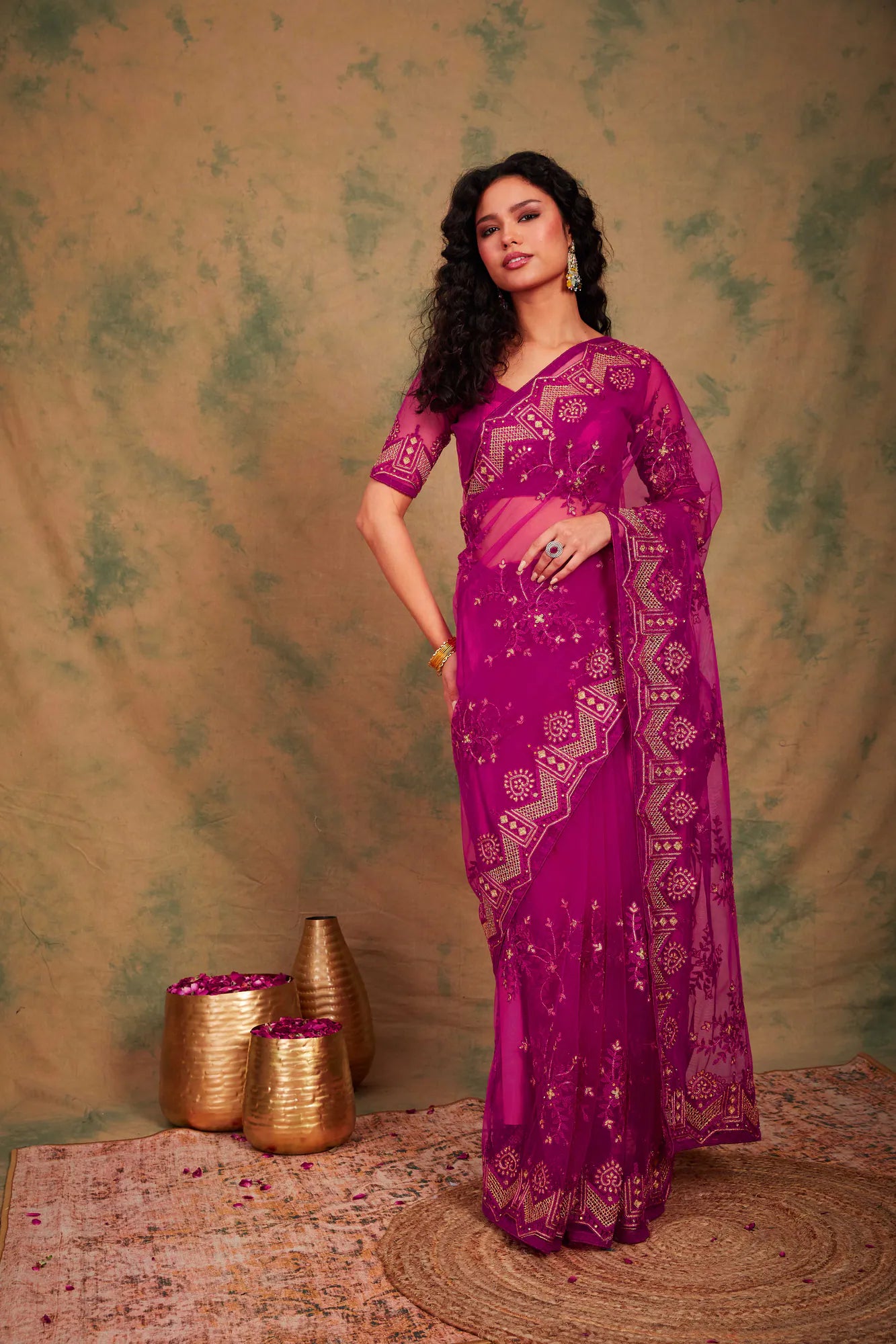 Pink Embroidered Polyester Saree | Ethnic Indian Sarees