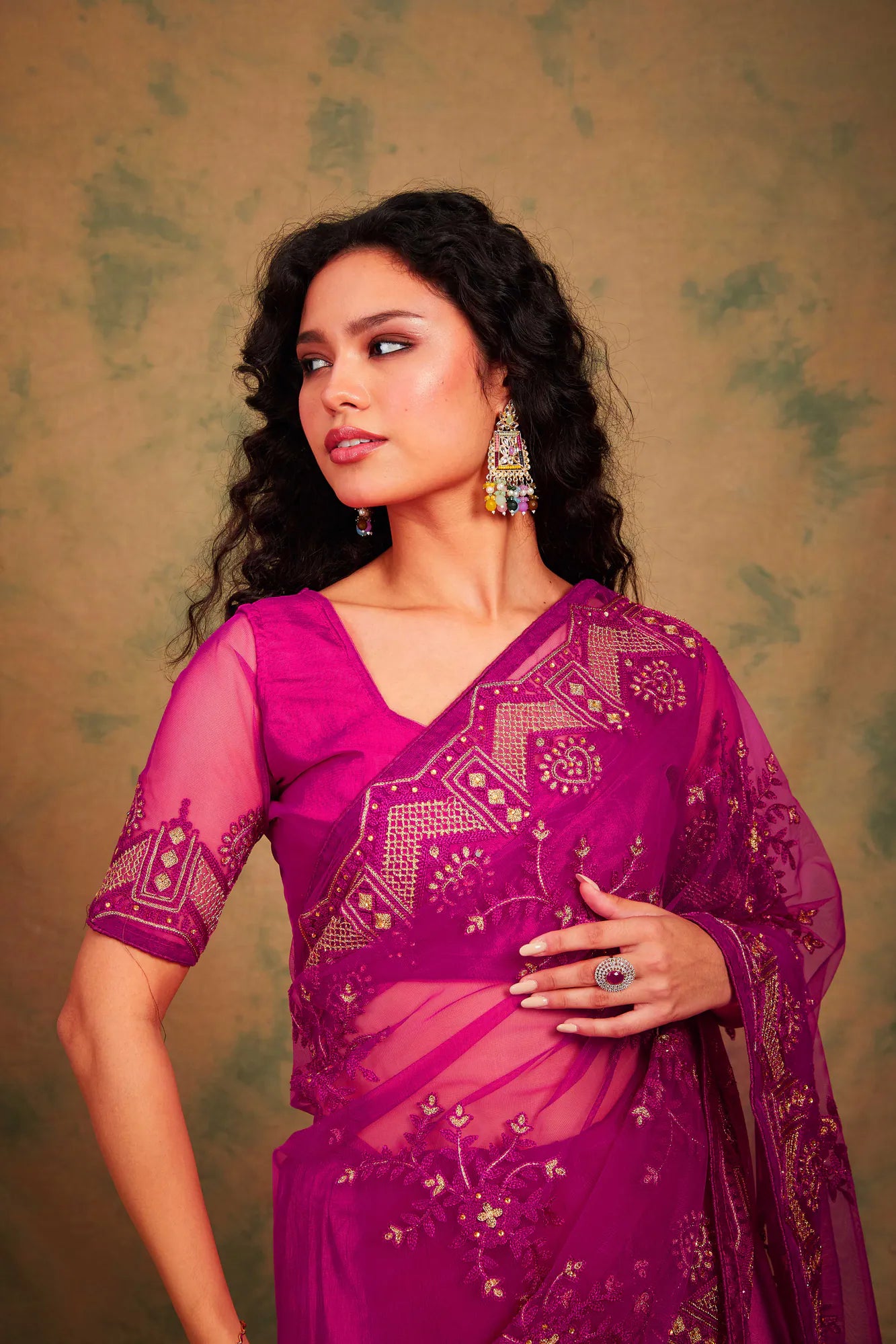 Pink Embroidered Polyester Saree | Ethnic Indian Sarees