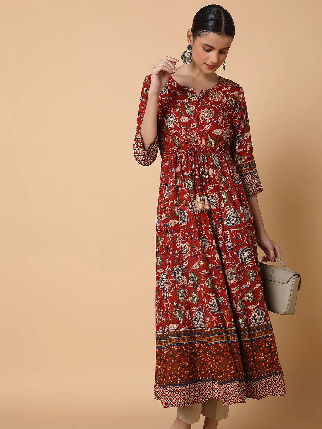 Maroon Floral Anarkali Kurta for Women - Cotton Anarkali Gown