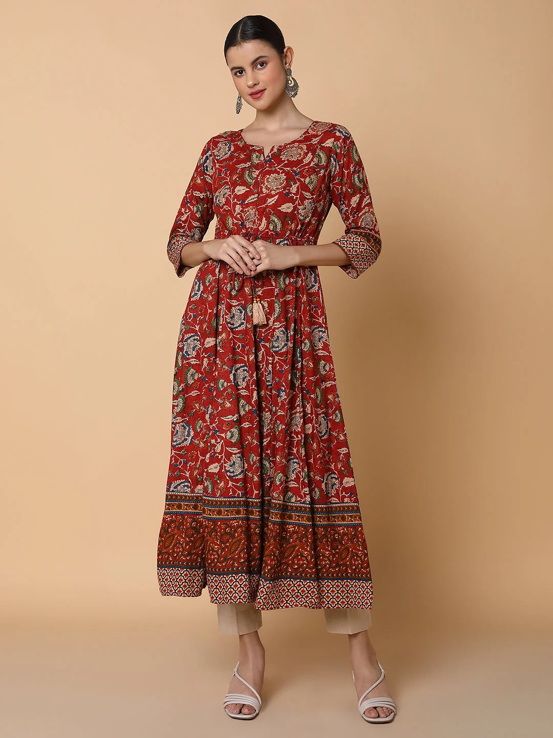 Maroon Floral Anarkali Kurta for Women - Cotton Anarkali Gown