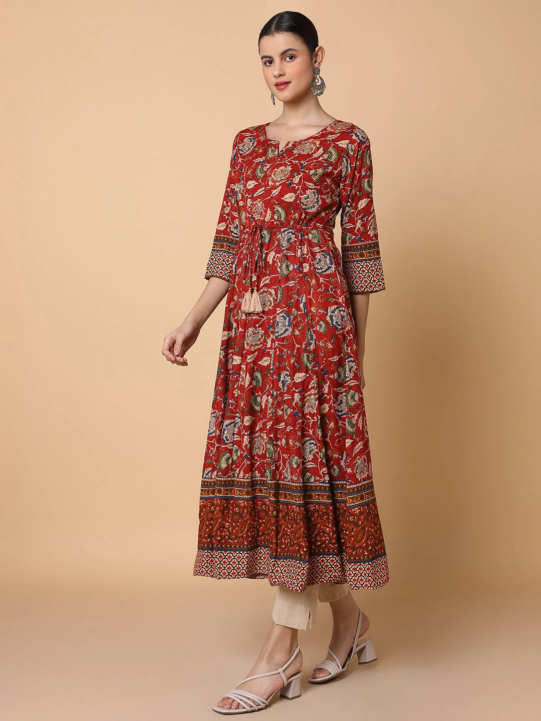 Maroon Floral Anarkali Kurta for Women - Cotton Anarkali Gown