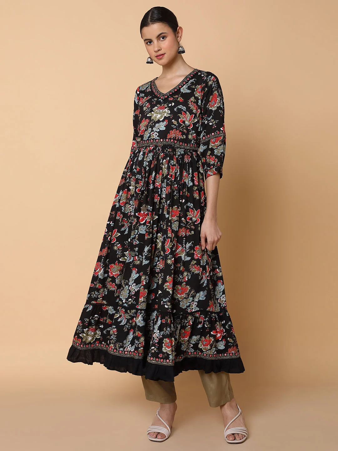 Floral Black Anarkali Kurta for Women - Cotton Anarkali Kurti