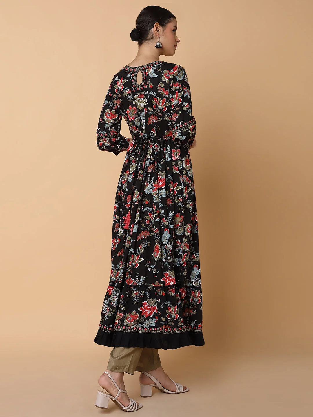 Floral Black Anarkali Kurta for Women - Cotton Anarkali Kurti