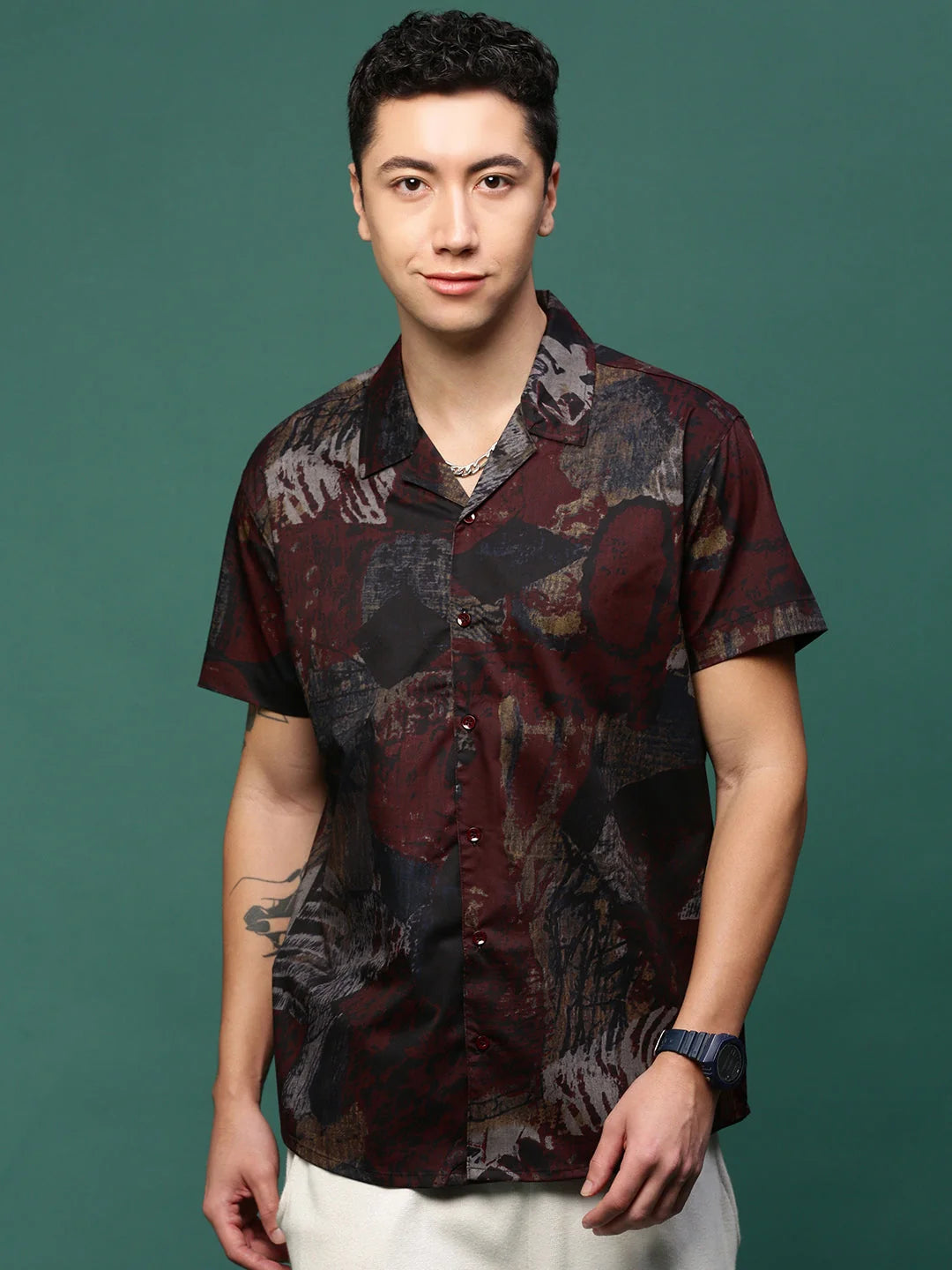 Men's Maroon Abstract Cotton Printed Shirt | Cuban Collar