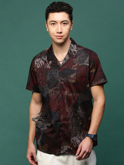 Men Maroon Abstract Cuban Collar Shirt-AU-4006-Maroon
