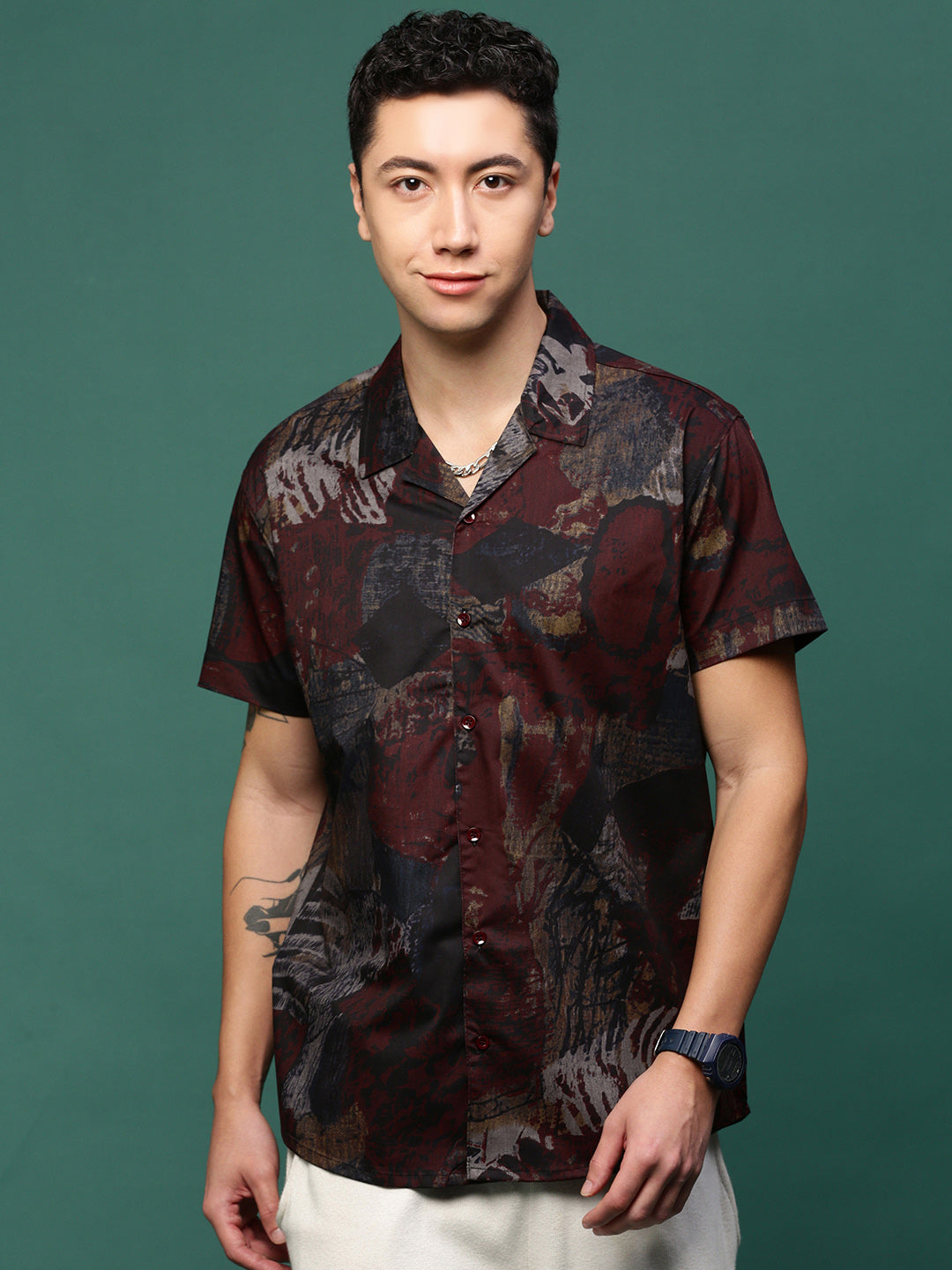 Men's Maroon Abstract Cotton Printed Shirt | Cuban Collar
