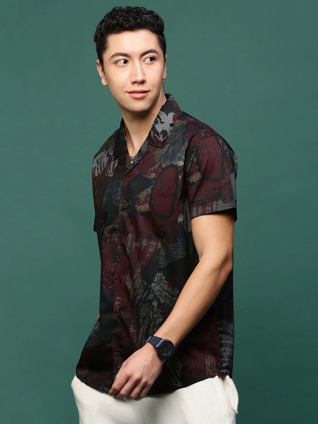 Men's Maroon Abstract Cotton Printed Shirt | Cuban Collar