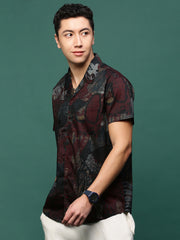Men Maroon Abstract Cuban Collar Shirt-AU-4006-Maroon