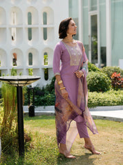 Women's Lavendar Viscose Rayon Embroidered Kurta Pant With Dupatta-AVT-S2011-LAVE