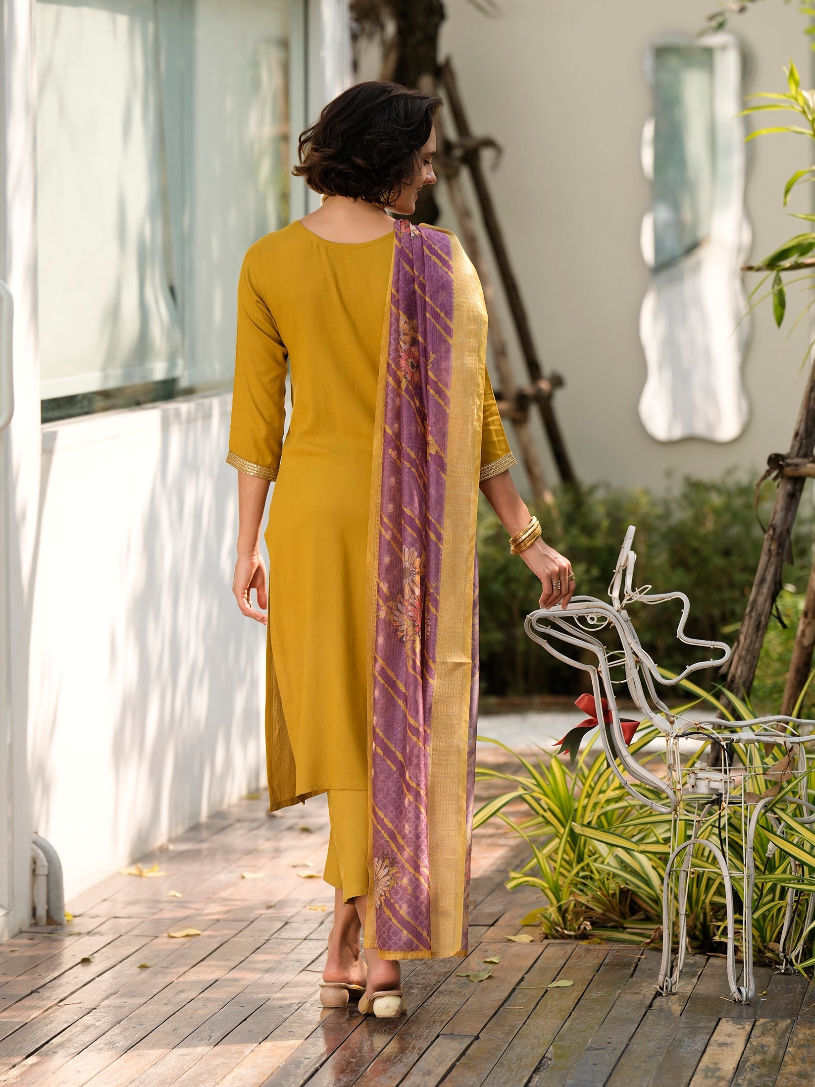 Women's Mustard Viscose Rayon Embroidered Kurta Pant With Dupatta