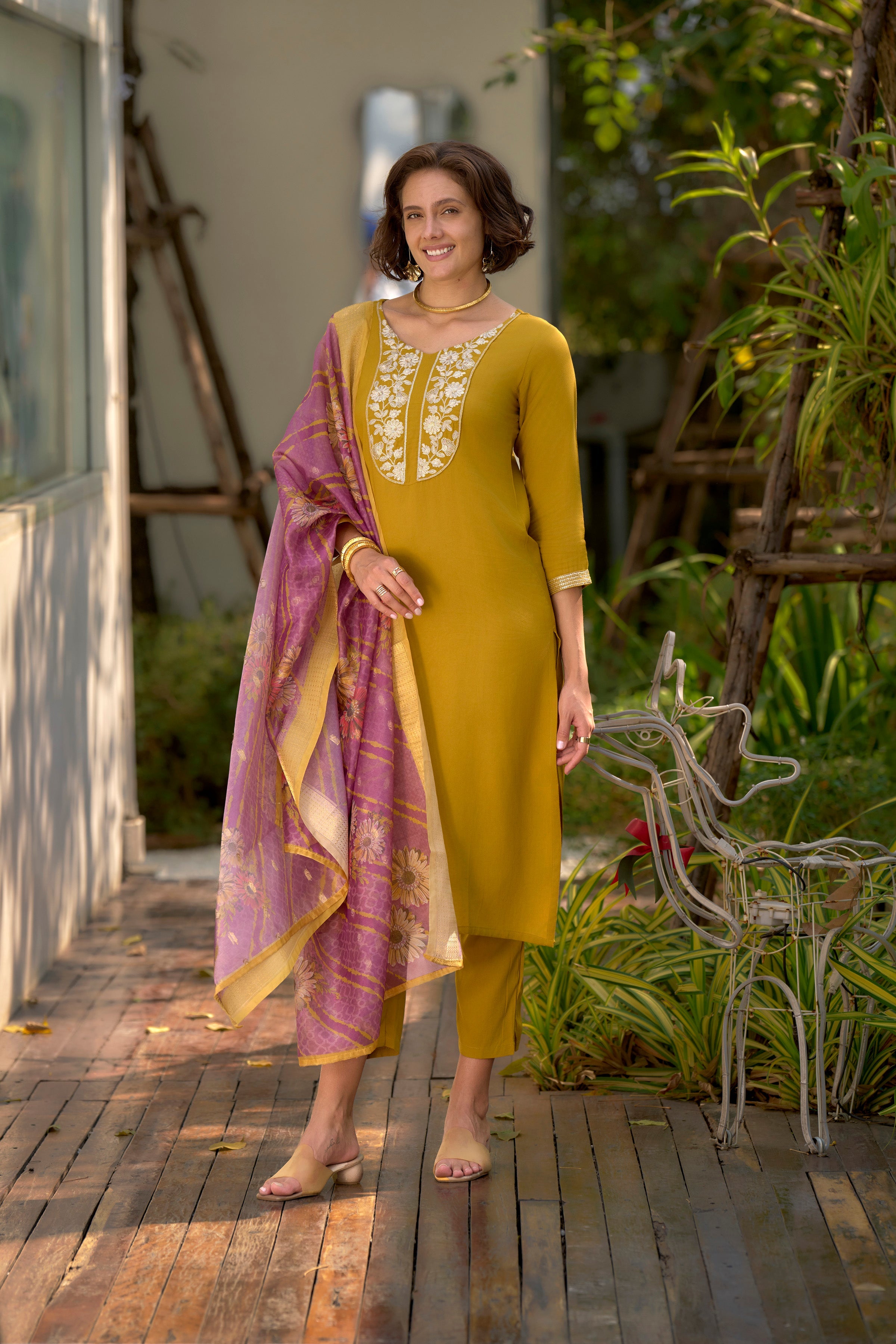 Women's Mustard Viscose Rayon Embroidered Kurta Pant With Dupatta
