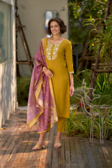 Women's Mustard Viscose Rayon Embroidered Kurta Pant With Dupatta-AVT-S2012-MUS