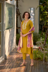 Women's Mustard Viscose Rayon Embroidered Kurta Pant With Dupatta-AVT-S2012-MUS