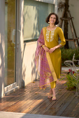 Women's Mustard Viscose Rayon Embroidered Kurta Pant With Dupatta-AVT-S2012-MUS