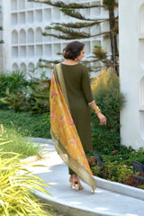 Women's Olive Viscose Rayon Embroidered Kurta Pant With Dupatta-AVT-S2013-MEH